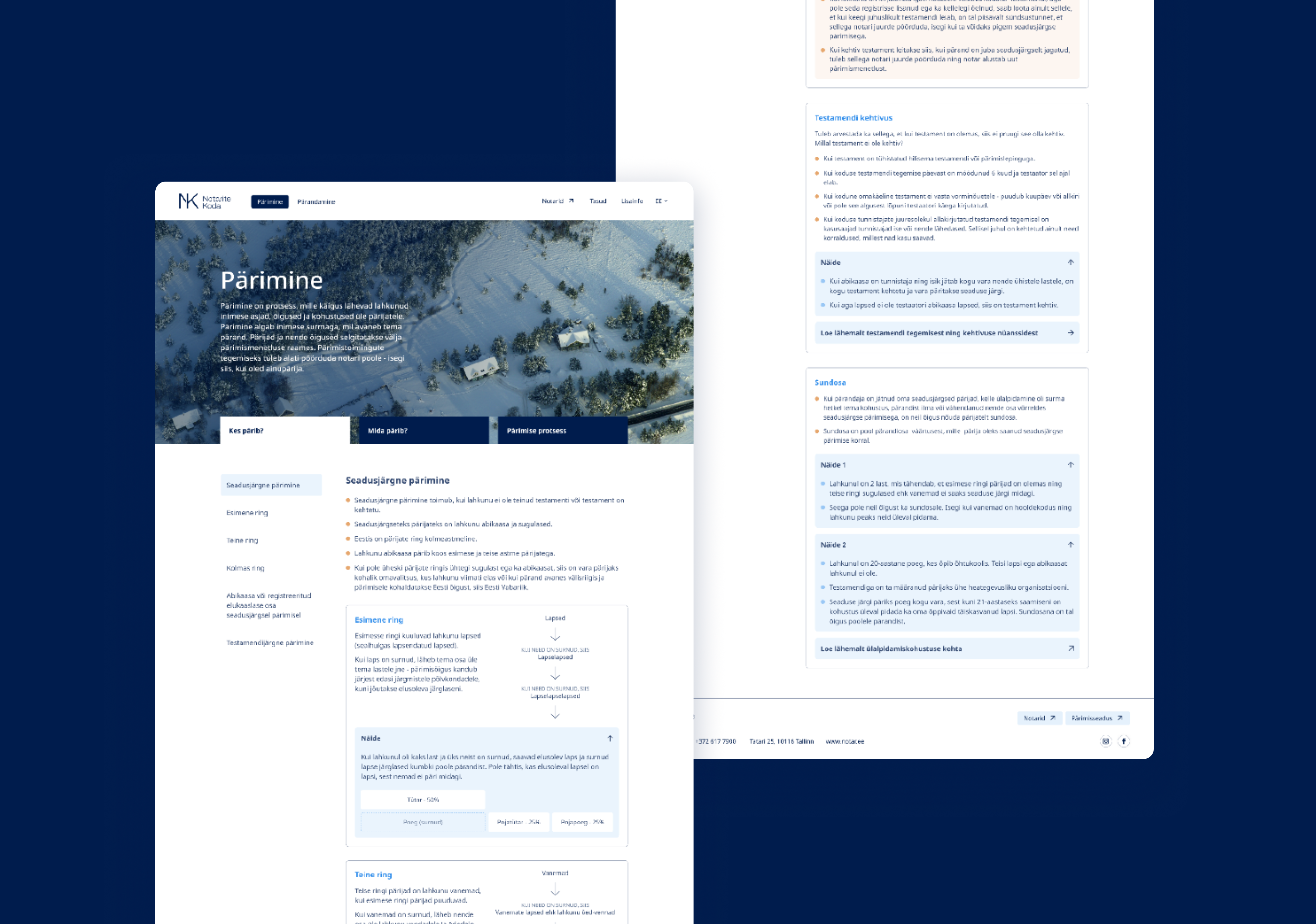 Desktop pages of the Chamber of Notaries website on inheritance information