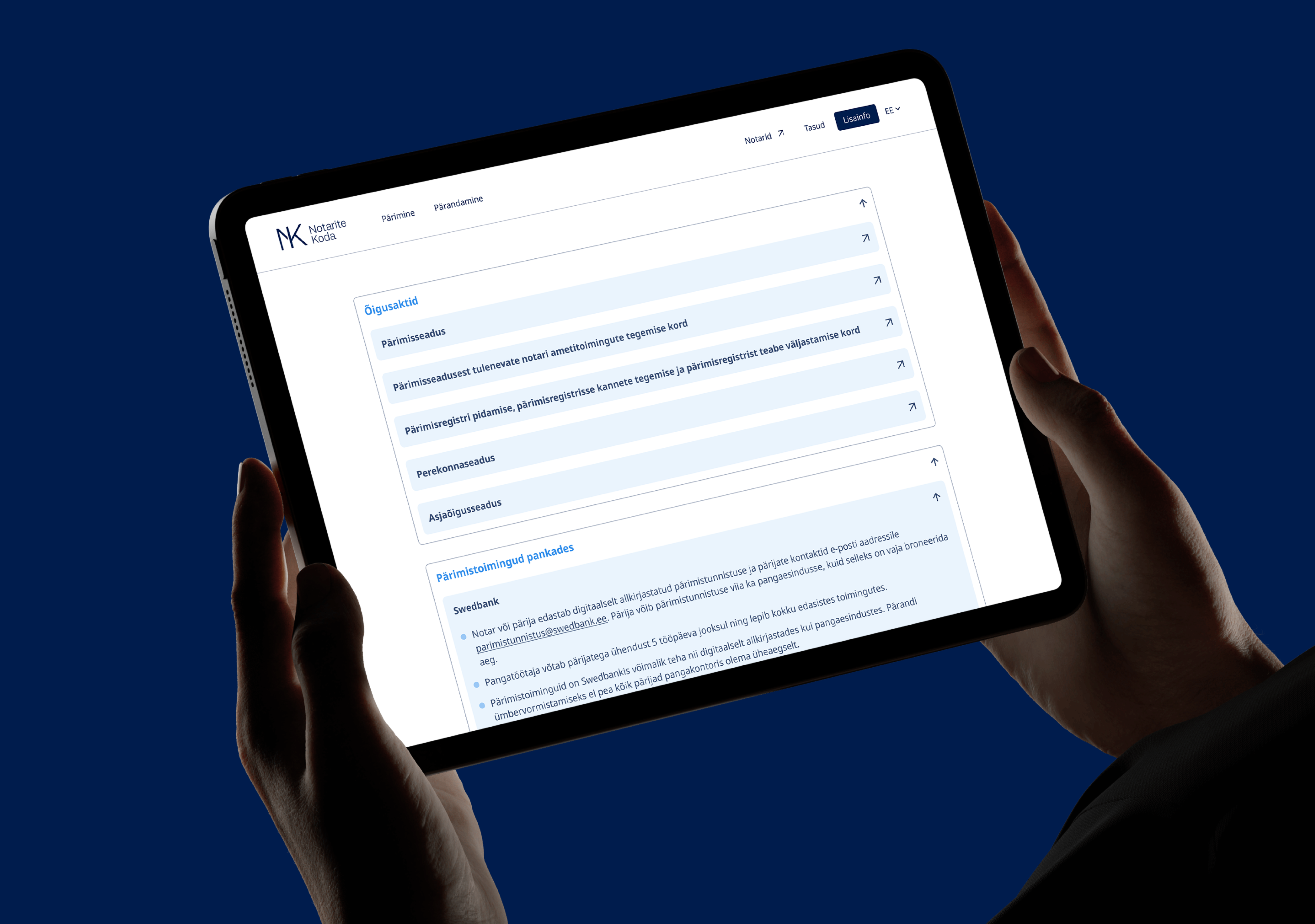 A tablet showing the Chamber of Notaries website's FAQ page