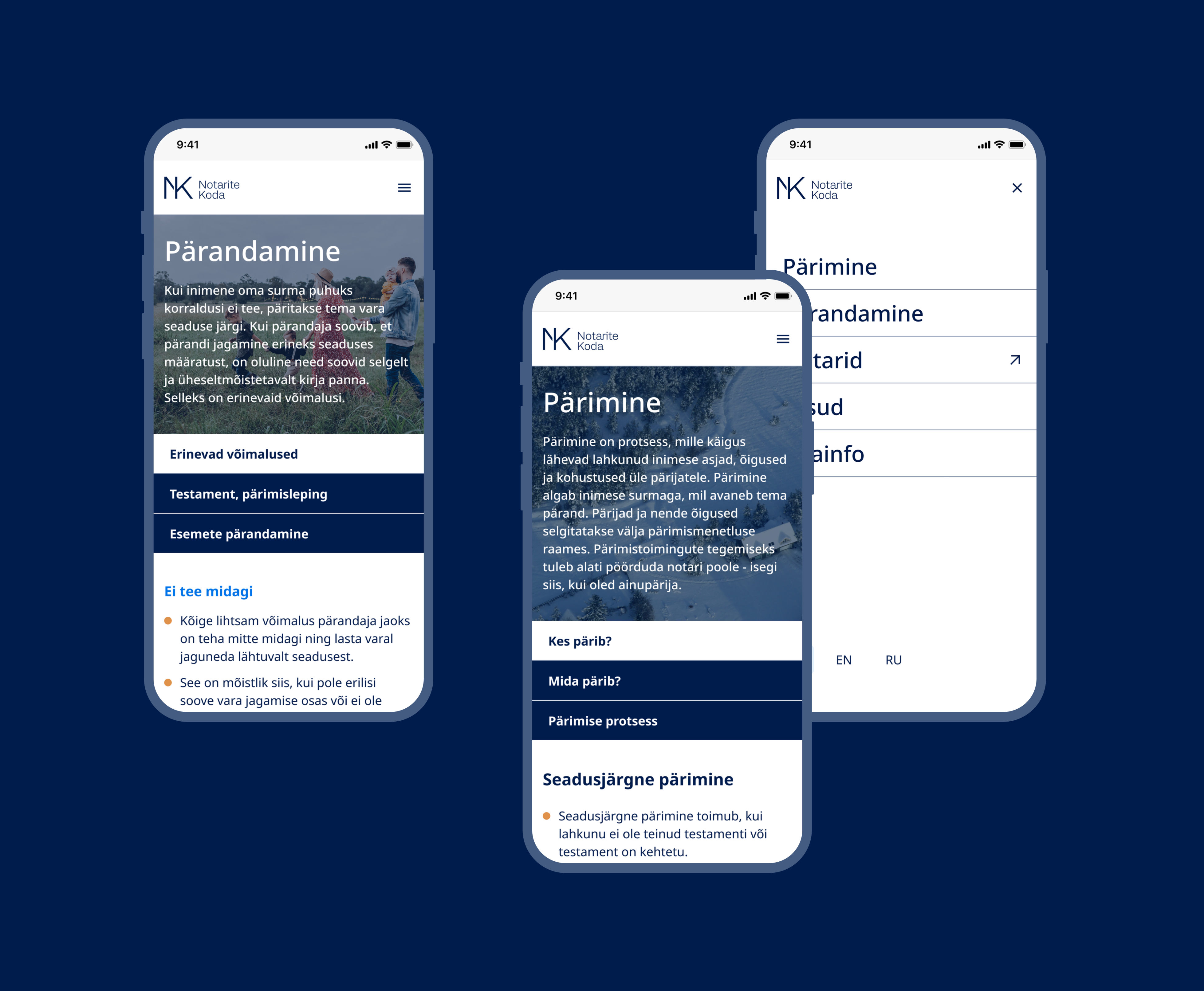 The Chamber of Notaries website shown across three phone screens